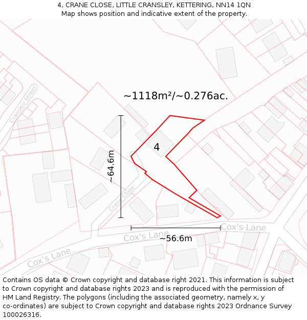4, CRANE CLOSE, LITTLE CRANSLEY, KETTERING, NN14 1QN: Plot and title map