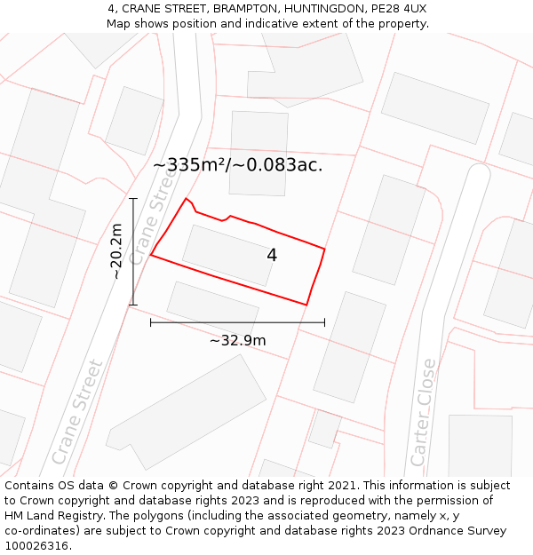 4, CRANE STREET, BRAMPTON, HUNTINGDON, PE28 4UX: Plot and title map