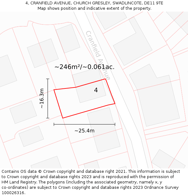 4, CRANFIELD AVENUE, CHURCH GRESLEY, SWADLINCOTE, DE11 9TE: Plot and title map