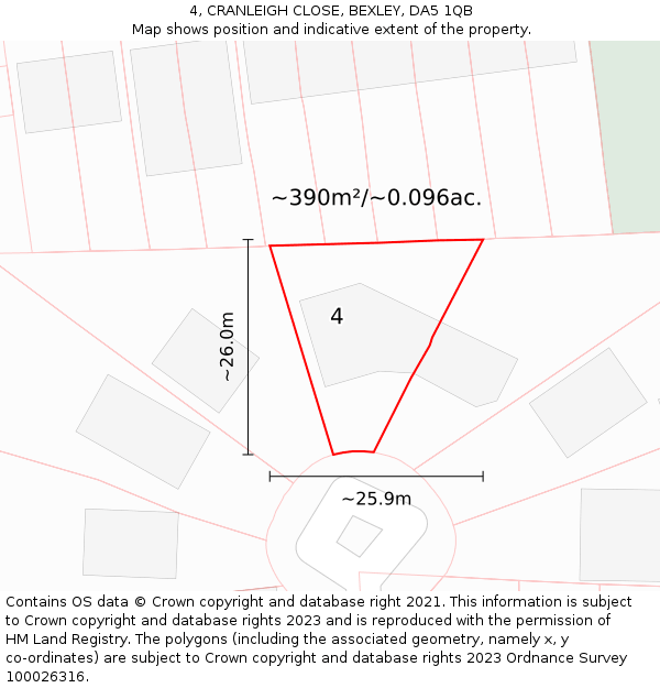 4, CRANLEIGH CLOSE, BEXLEY, DA5 1QB: Plot and title map