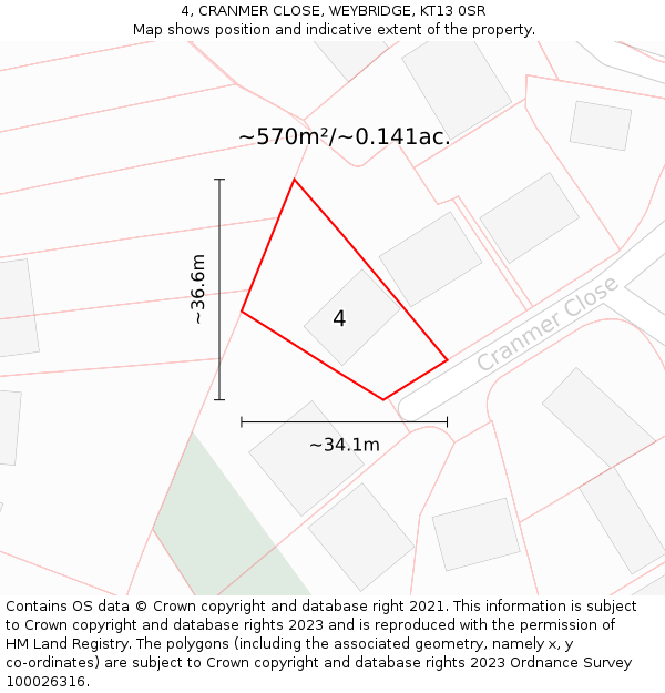 4, CRANMER CLOSE, WEYBRIDGE, KT13 0SR: Plot and title map
