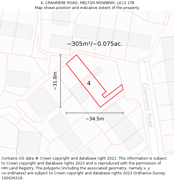 4, CRANMERE ROAD, MELTON MOWBRAY, LE13 1TB: Plot and title map