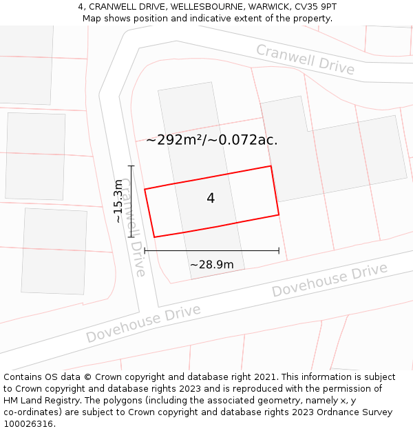 4, CRANWELL DRIVE, WELLESBOURNE, WARWICK, CV35 9PT: Plot and title map