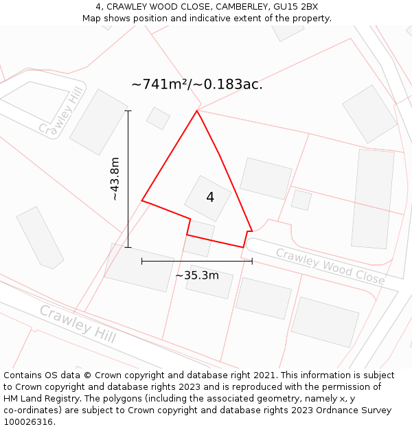 4, CRAWLEY WOOD CLOSE, CAMBERLEY, GU15 2BX: Plot and title map