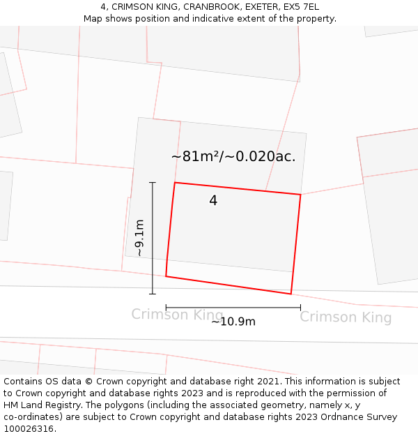 4, CRIMSON KING, CRANBROOK, EXETER, EX5 7EL: Plot and title map