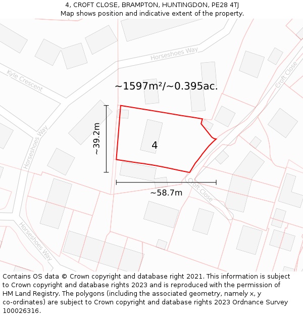 4, CROFT CLOSE, BRAMPTON, HUNTINGDON, PE28 4TJ: Plot and title map