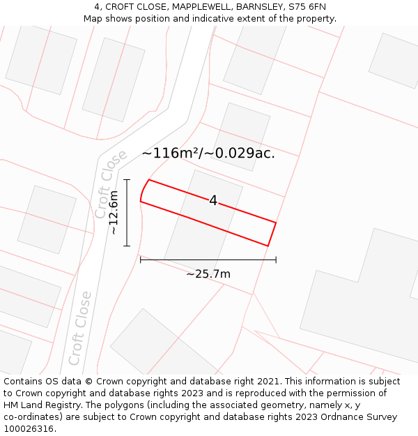 4, CROFT CLOSE, MAPPLEWELL, BARNSLEY, S75 6FN: Plot and title map