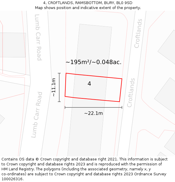 4, CROFTLANDS, RAMSBOTTOM, BURY, BL0 9SD: Plot and title map