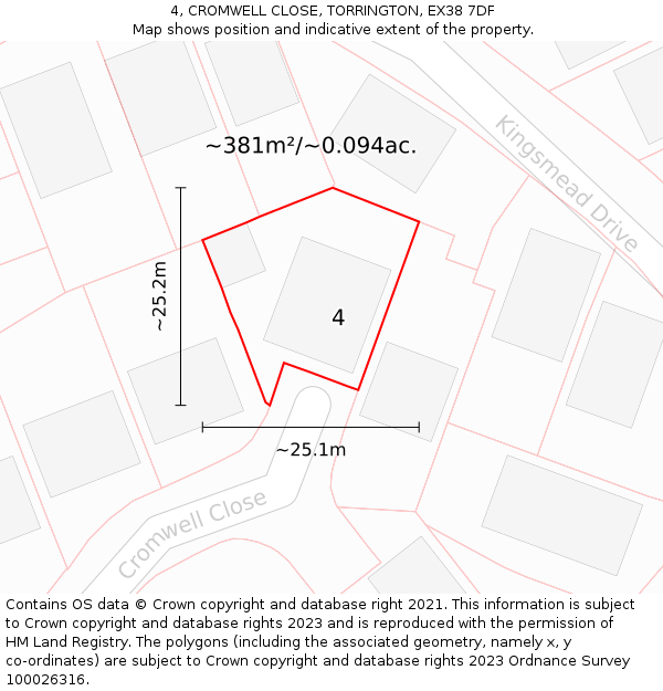 4, CROMWELL CLOSE, TORRINGTON, EX38 7DF: Plot and title map