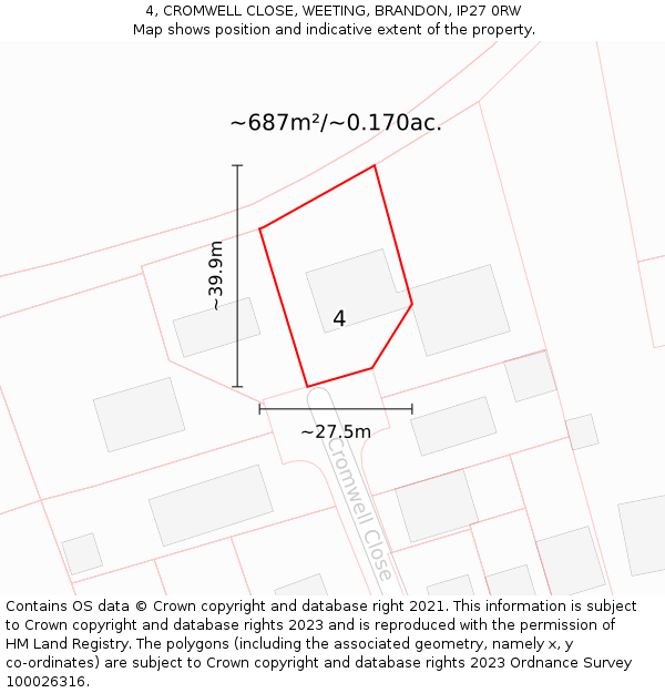 4, CROMWELL CLOSE, WEETING, BRANDON, IP27 0RW: Plot and title map