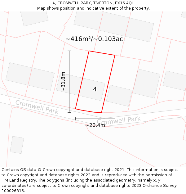 4, CROMWELL PARK, TIVERTON, EX16 4QL: Plot and title map