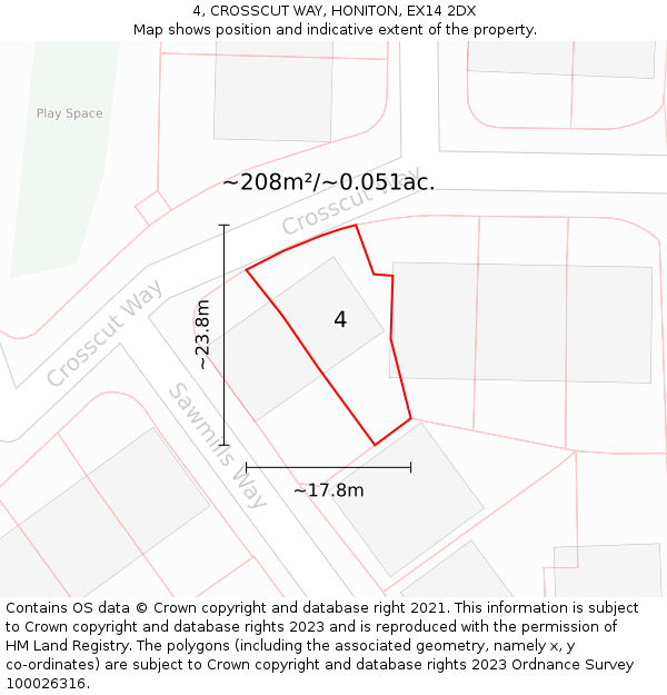 4, CROSSCUT WAY, HONITON, EX14 2DX: Plot and title map