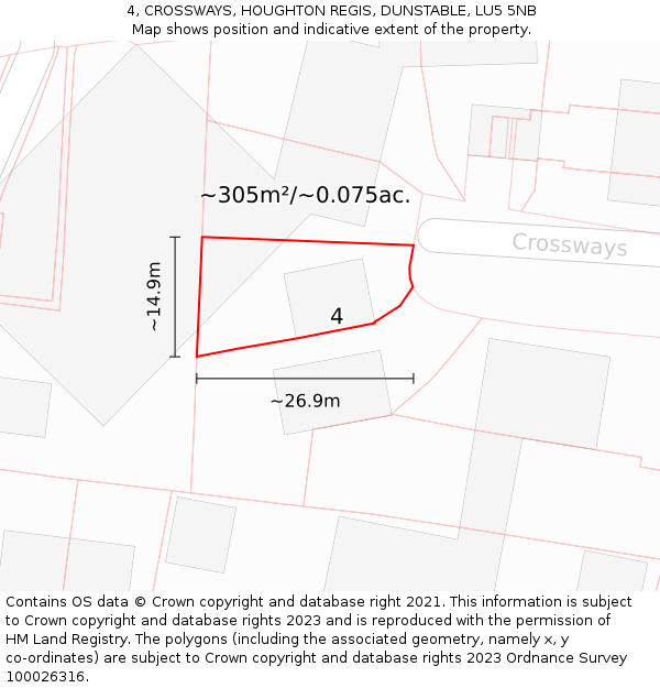 4, CROSSWAYS, HOUGHTON REGIS, DUNSTABLE, LU5 5NB: Plot and title map