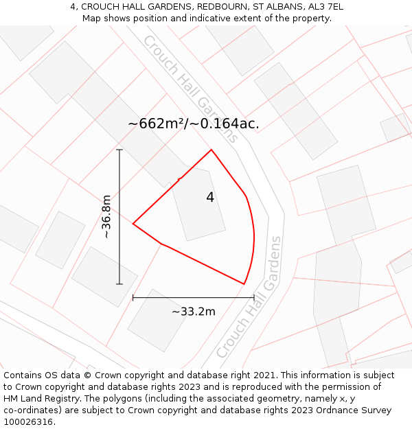 4, CROUCH HALL GARDENS, REDBOURN, ST ALBANS, AL3 7EL: Plot and title map