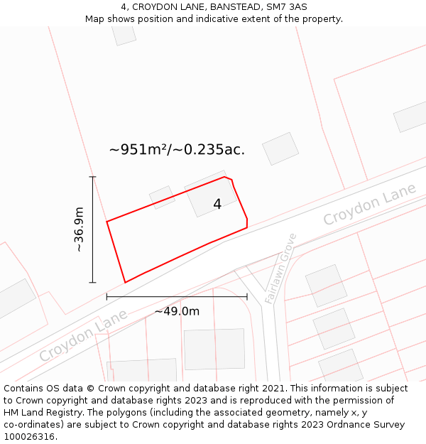 4, CROYDON LANE, BANSTEAD, SM7 3AS: Plot and title map