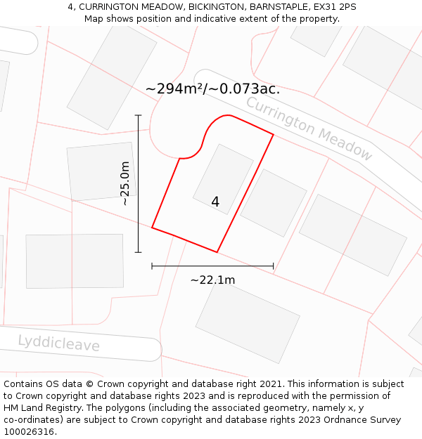 4, CURRINGTON MEADOW, BICKINGTON, BARNSTAPLE, EX31 2PS: Plot and title map