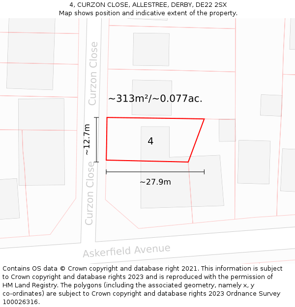 4, CURZON CLOSE, ALLESTREE, DERBY, DE22 2SX: Plot and title map