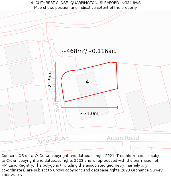 4, CUTHBERT CLOSE, QUARRINGTON, SLEAFORD, NG34 8WS: Plot and title map