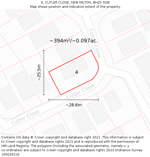 4, CUTLER CLOSE, NEW MILTON, BH25 5DB: Plot and title map