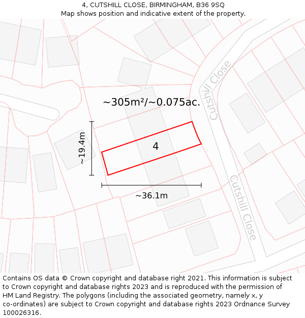 4, CUTSHILL CLOSE, BIRMINGHAM, B36 9SQ: Plot and title map