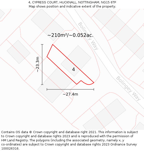 4, CYPRESS COURT, HUCKNALL, NOTTINGHAM, NG15 6TP: Plot and title map