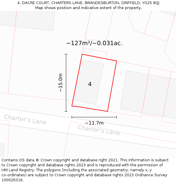 4, DACRE COURT, CHARTERS LANE, BRANDESBURTON, DRIFFIELD, YO25 8QJ: Plot and title map