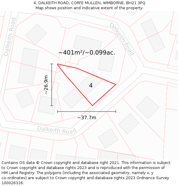 4, DALKEITH ROAD, CORFE MULLEN, WIMBORNE, BH21 3PQ: Plot and title map