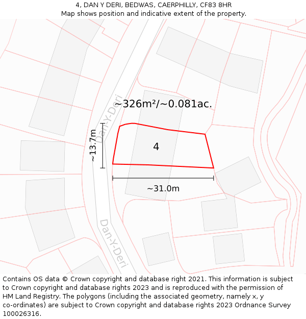 4, DAN Y DERI, BEDWAS, CAERPHILLY, CF83 8HR: Plot and title map