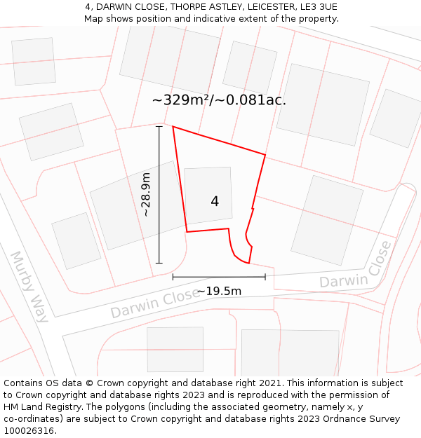4, DARWIN CLOSE, THORPE ASTLEY, LEICESTER, LE3 3UE: Plot and title map