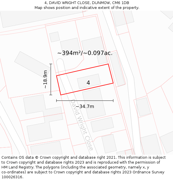 4, DAVID WRIGHT CLOSE, DUNMOW, CM6 1DB: Plot and title map