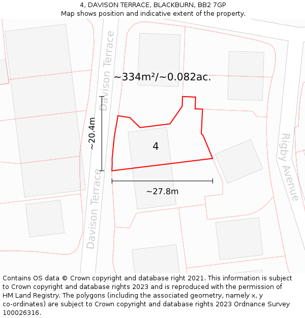 4, DAVISON TERRACE, BLACKBURN, BB2 7GP: Plot and title map