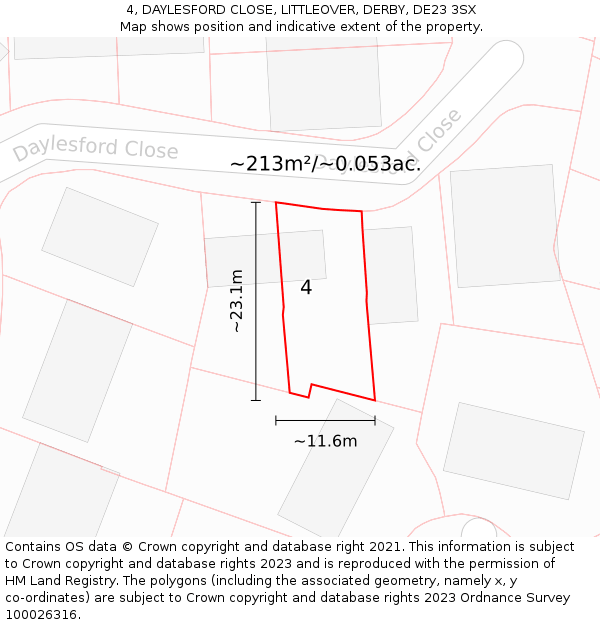 4, DAYLESFORD CLOSE, LITTLEOVER, DERBY, DE23 3SX: Plot and title map