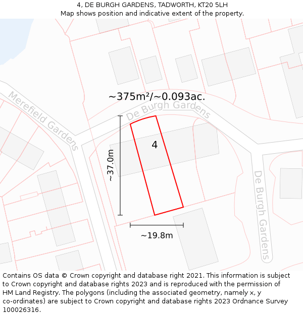 4, DE BURGH GARDENS, TADWORTH, KT20 5LH: Plot and title map
