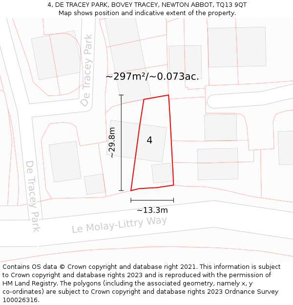 4, DE TRACEY PARK, BOVEY TRACEY, NEWTON ABBOT, TQ13 9QT: Plot and title map
