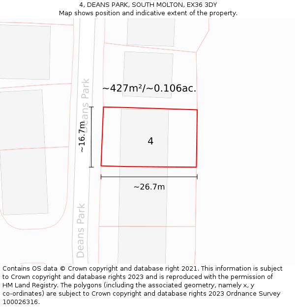 4, DEANS PARK, SOUTH MOLTON, EX36 3DY: Plot and title map