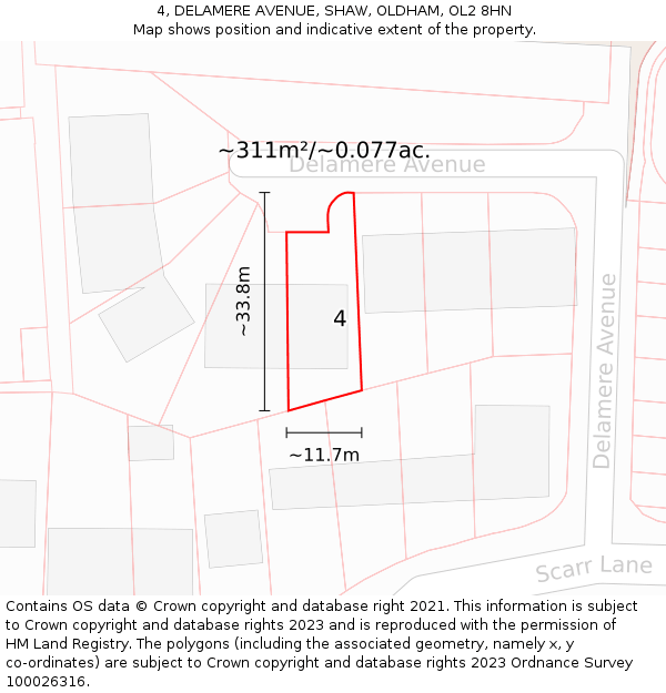 4, DELAMERE AVENUE, SHAW, OLDHAM, OL2 8HN: Plot and title map
