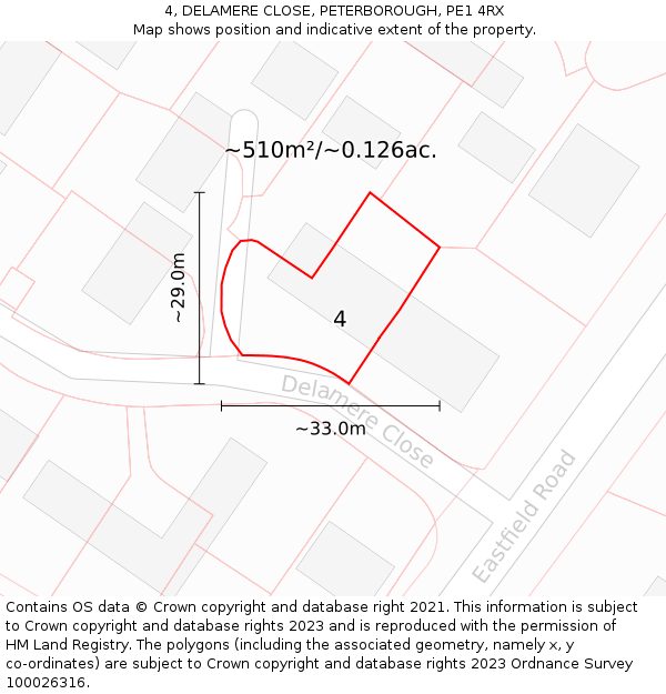 4, DELAMERE CLOSE, PETERBOROUGH, PE1 4RX: Plot and title map