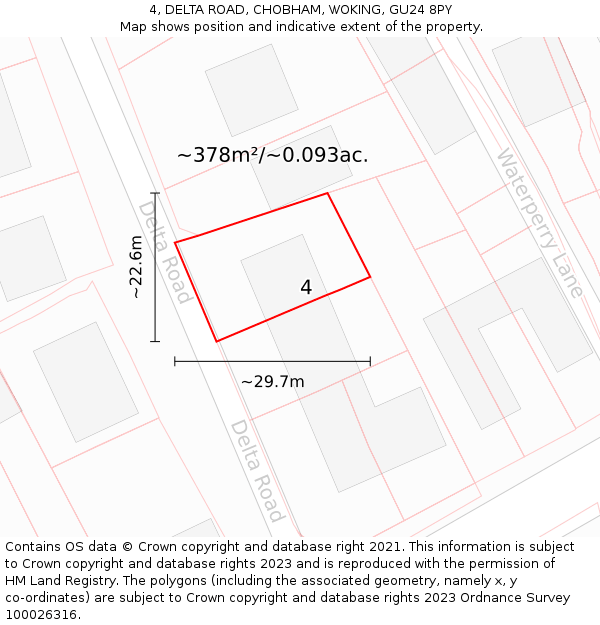 4, DELTA ROAD, CHOBHAM, WOKING, GU24 8PY: Plot and title map