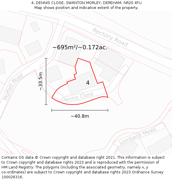4, DENNIS CLOSE, SWANTON MORLEY, DEREHAM, NR20 4FU: Plot and title map