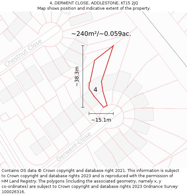 4, DERWENT CLOSE, ADDLESTONE, KT15 2JQ: Plot and title map