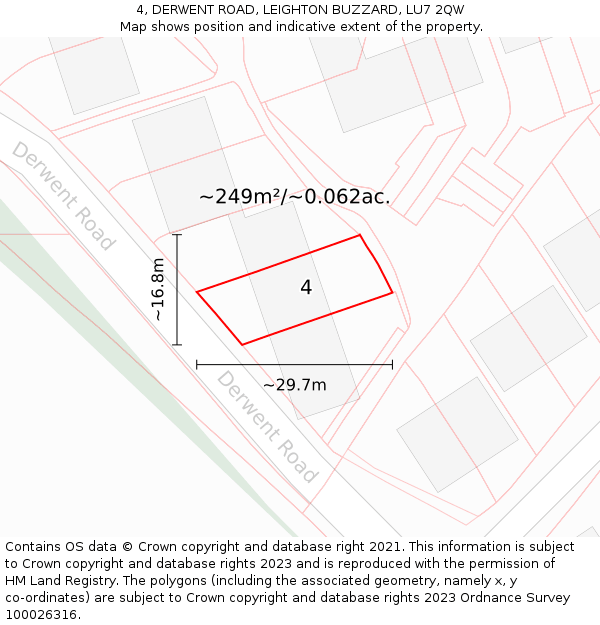4, DERWENT ROAD, LEIGHTON BUZZARD, LU7 2QW: Plot and title map