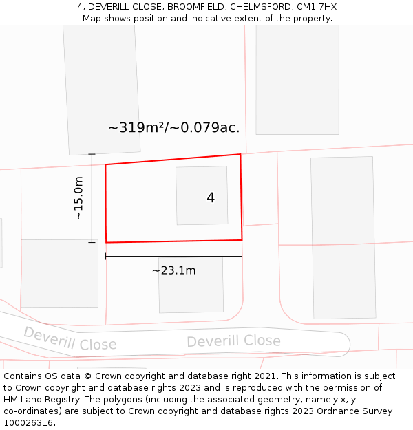 4, DEVERILL CLOSE, BROOMFIELD, CHELMSFORD, CM1 7HX: Plot and title map