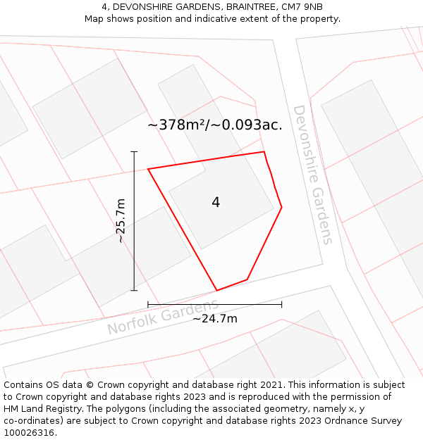 4, DEVONSHIRE GARDENS, BRAINTREE, CM7 9NB: Plot and title map