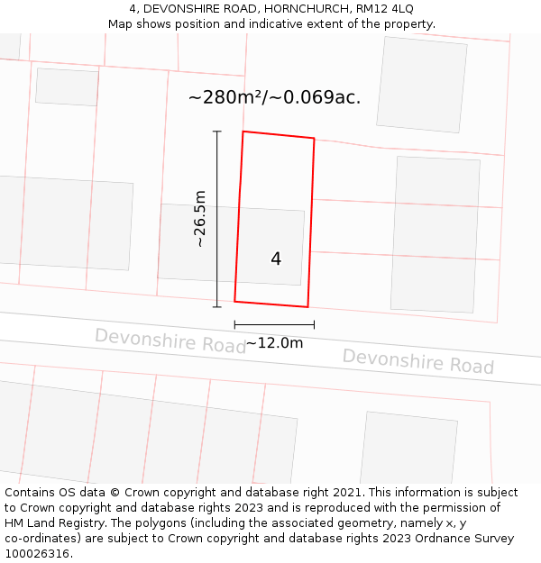 4, DEVONSHIRE ROAD, HORNCHURCH, RM12 4LQ: Plot and title map