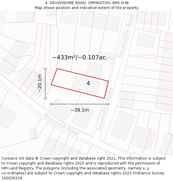 4, DEVONSHIRE ROAD, ORPINGTON, BR6 0HB: Plot and title map