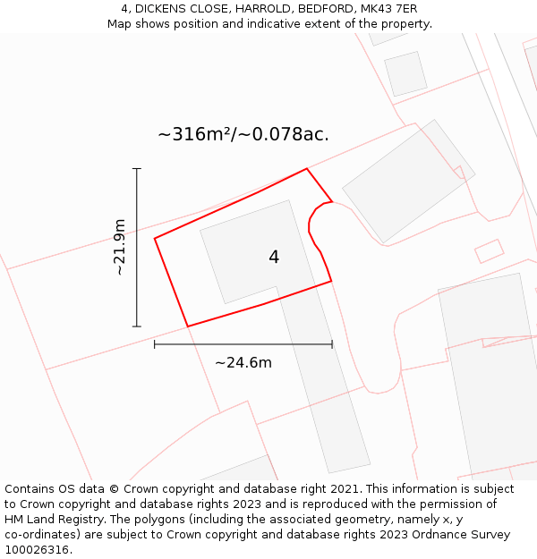 4, DICKENS CLOSE, HARROLD, BEDFORD, MK43 7ER: Plot and title map
