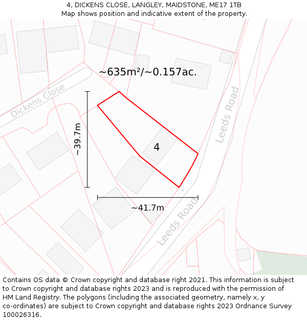 4, DICKENS CLOSE, LANGLEY, MAIDSTONE, ME17 1TB: Plot and title map
