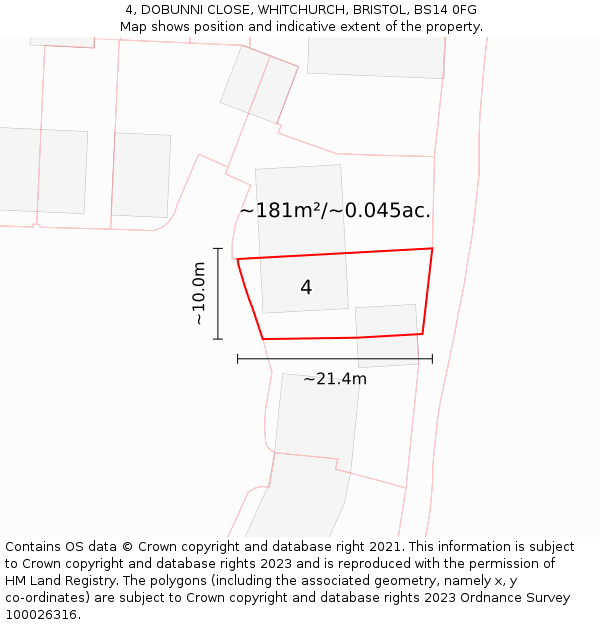 4, DOBUNNI CLOSE, WHITCHURCH, BRISTOL, BS14 0FG: Plot and title map