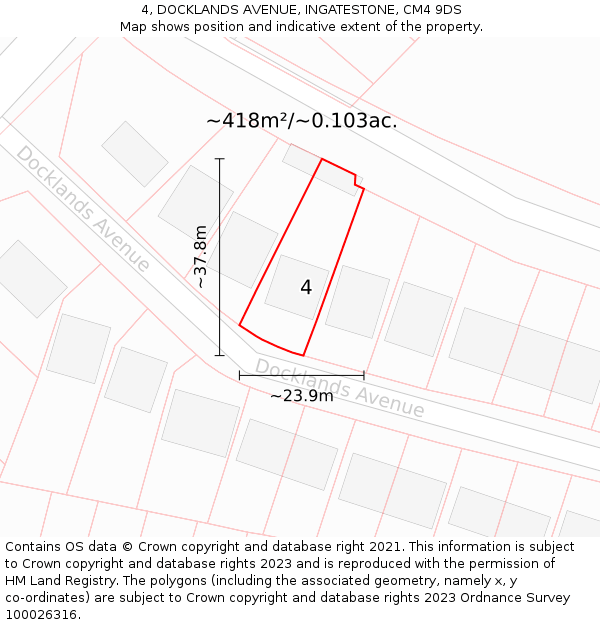 4, DOCKLANDS AVENUE, INGATESTONE, CM4 9DS: Plot and title map