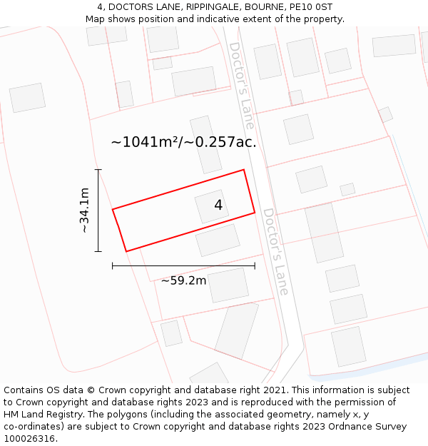 4, DOCTORS LANE, RIPPINGALE, BOURNE, PE10 0ST: Plot and title map